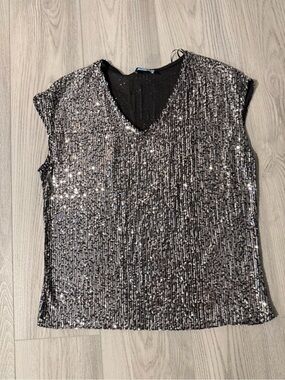 Women's Silver Sequin V-Neck Top